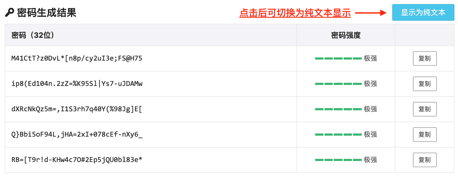 生成的密碼以表格的形式展示